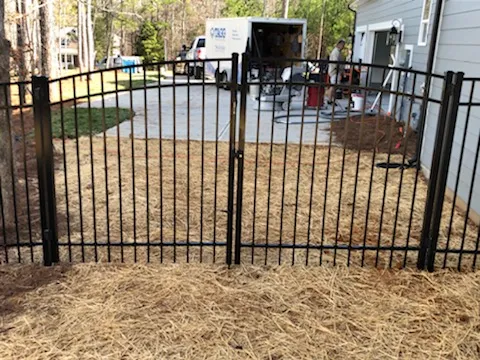 Black aluminum fence with trees