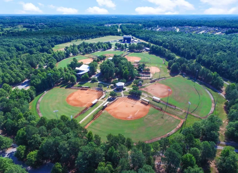 Aerial view of baseball fields at Heritage Park in Greenville, SC.